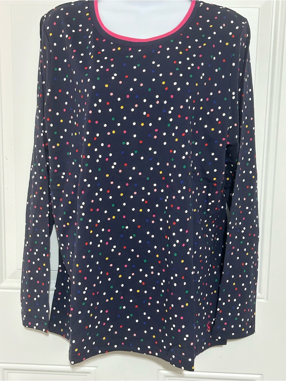 Joules Navy Long Sleeve Polka Dot Tee with Multi-Colored Dots